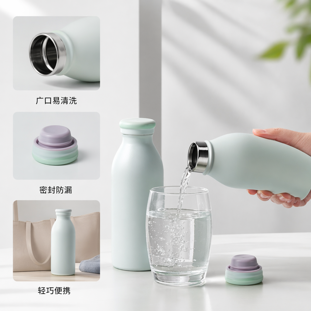 Light green water bottle with one hand for pouring water, 300ml glass cup with bottle cap