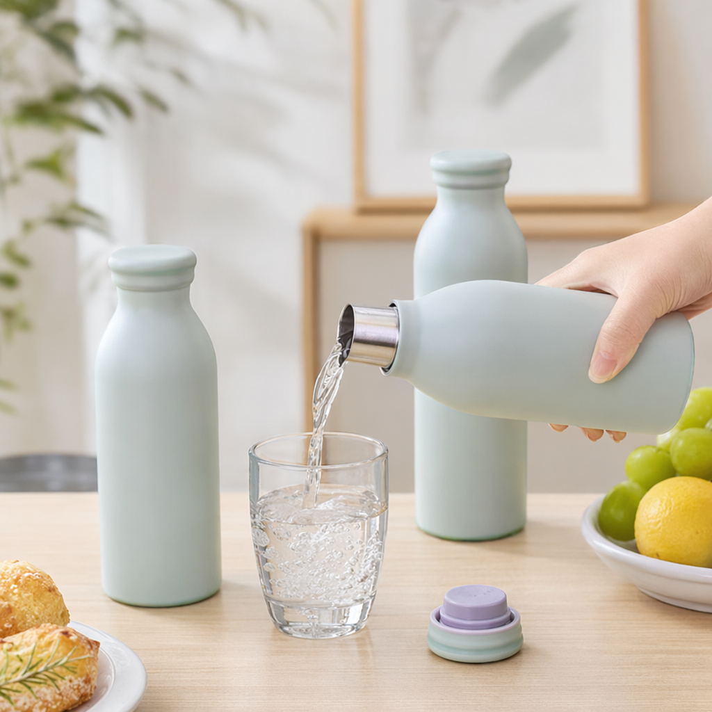 Light green water bottle with one hand for pouring water, 300ml glass cup with bottle cap details Picture