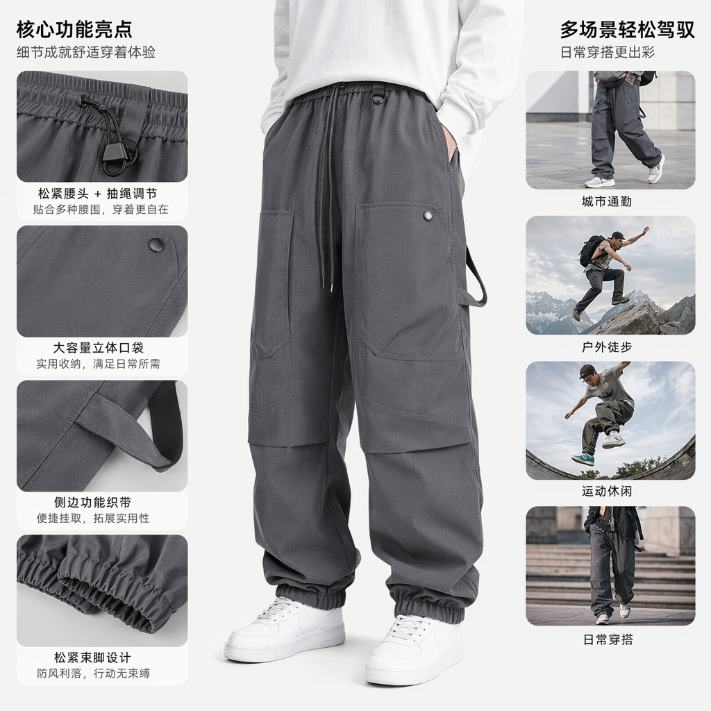 H9009男款军装风格工装裤黑色深灰深军绿卡其色松紧抽绳多口袋束脚