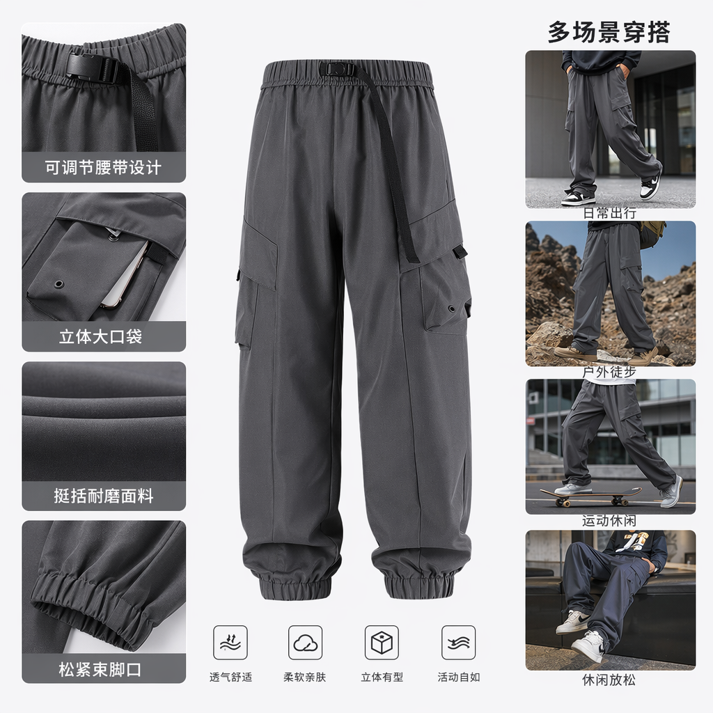 H9003男款四色工装裤宽松直筒耐磨多袋休闲长裤