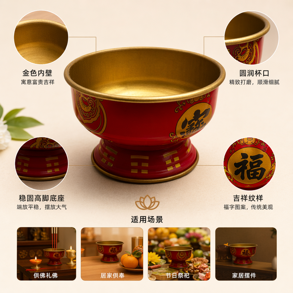 红色金边香炉铜制家用供佛摆件中式传统工艺品