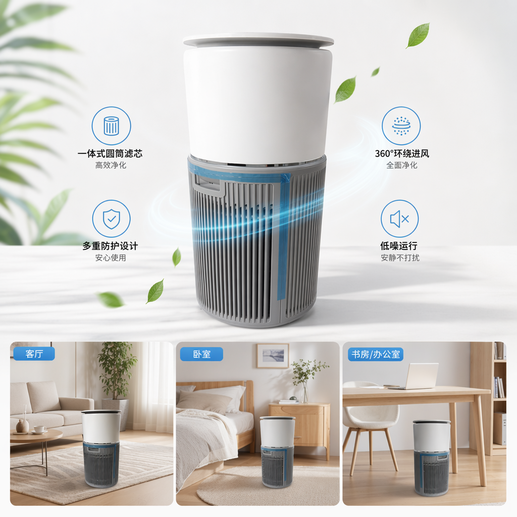 白色圆柱形空气净化器家用静音除甲醛PM2.5智能净化