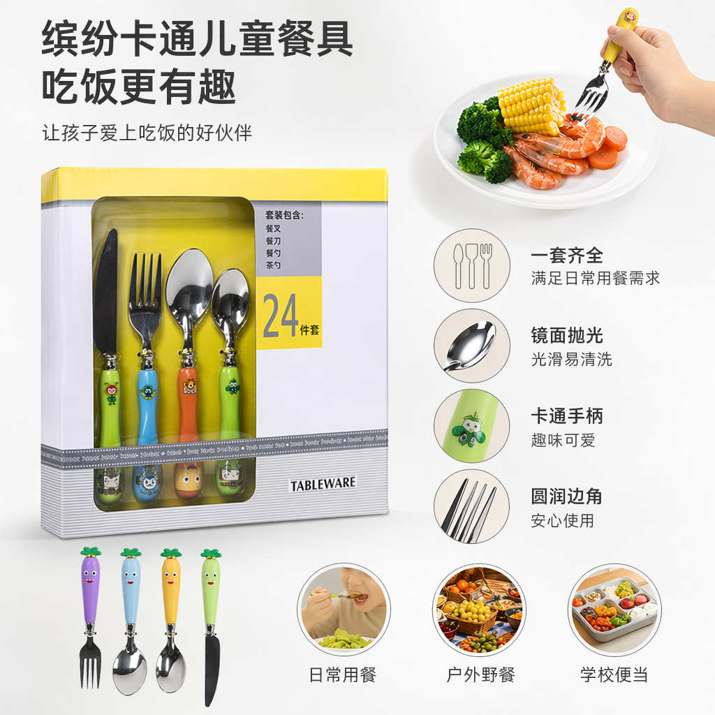 彩色儿童餐具套装含餐盘勺叉碗安全环保宝宝辅食用品