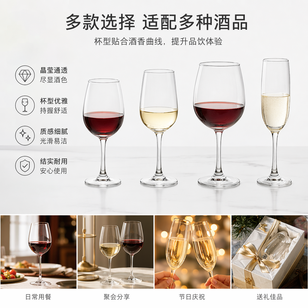 Transparent goblets, red wine glasses, champagne glasses, water glasses, glass glasses, for home banquets