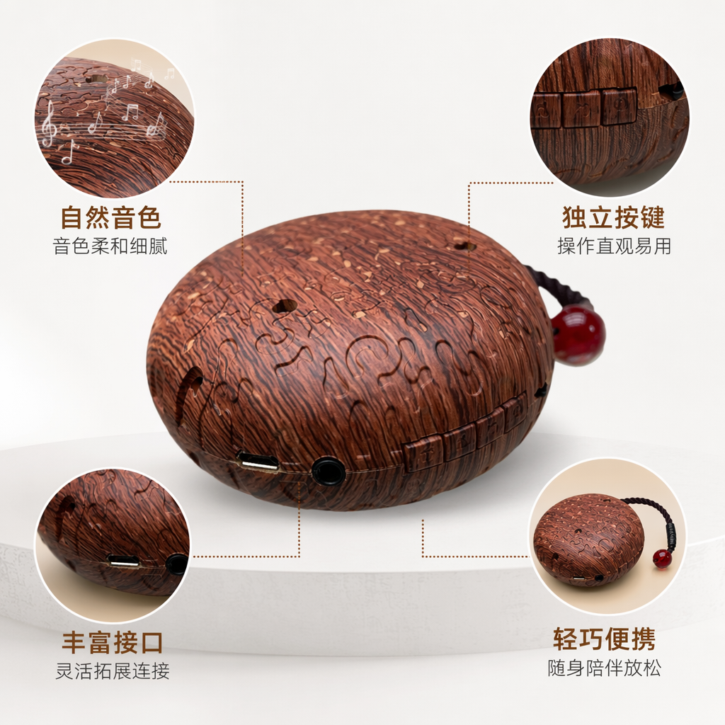 棕色木质纹理镂空圆形蓝牙音箱 家用便携无线音响