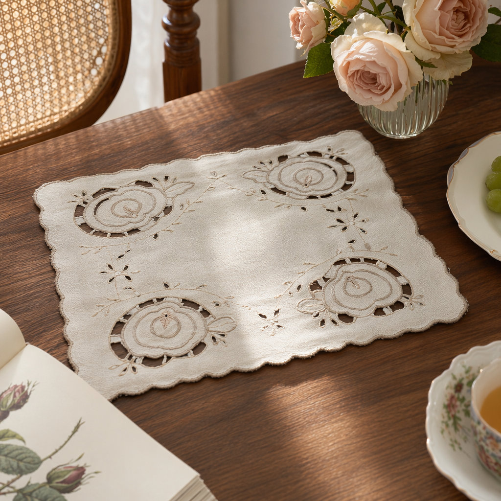 The off-white embroidered tablecloth for home dining is decorated in a simple Nordic style details Picture