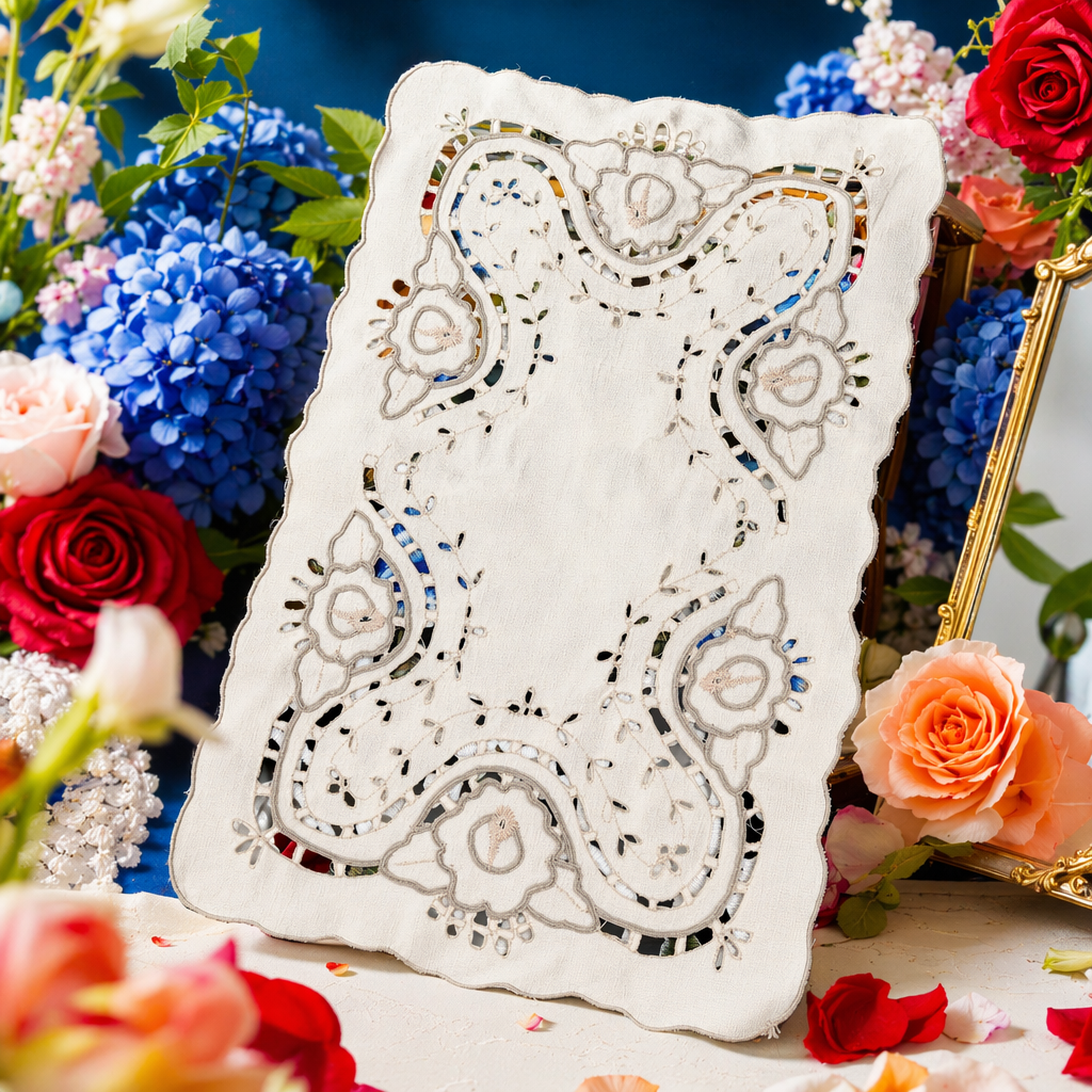 The off-white embroidered tablecloth for home dining is decorated in a simple Nordic style Specification image