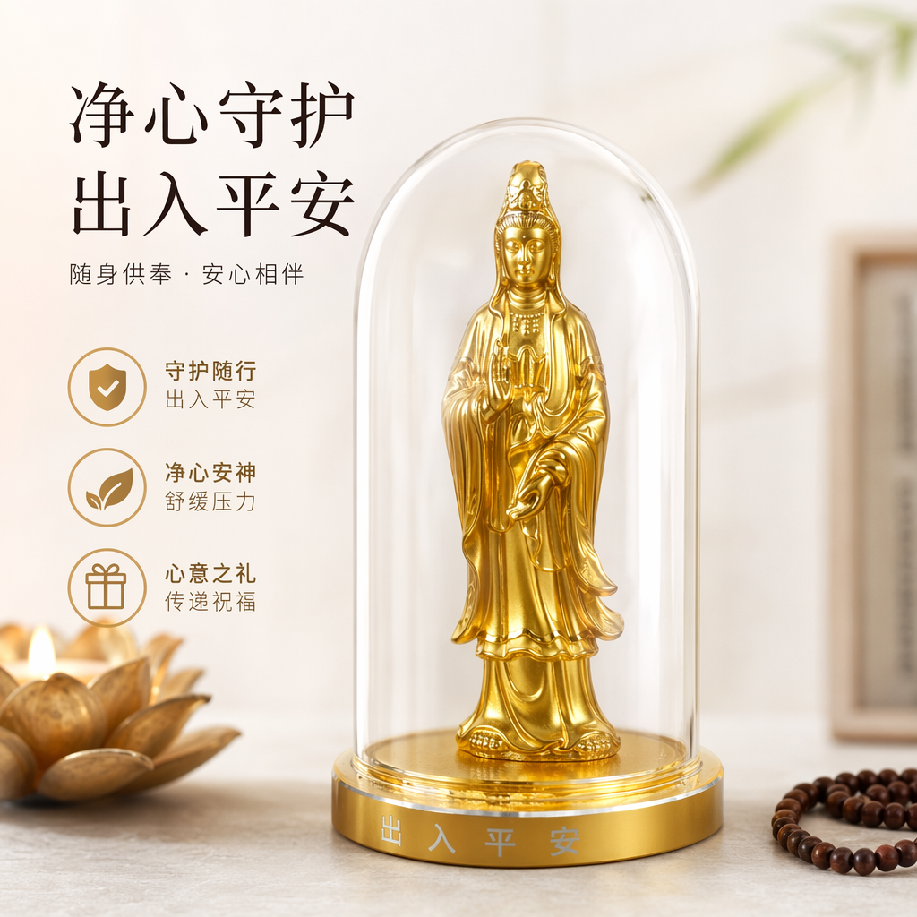 金色观音像玻璃罩摆件家居装饰佛像工艺品