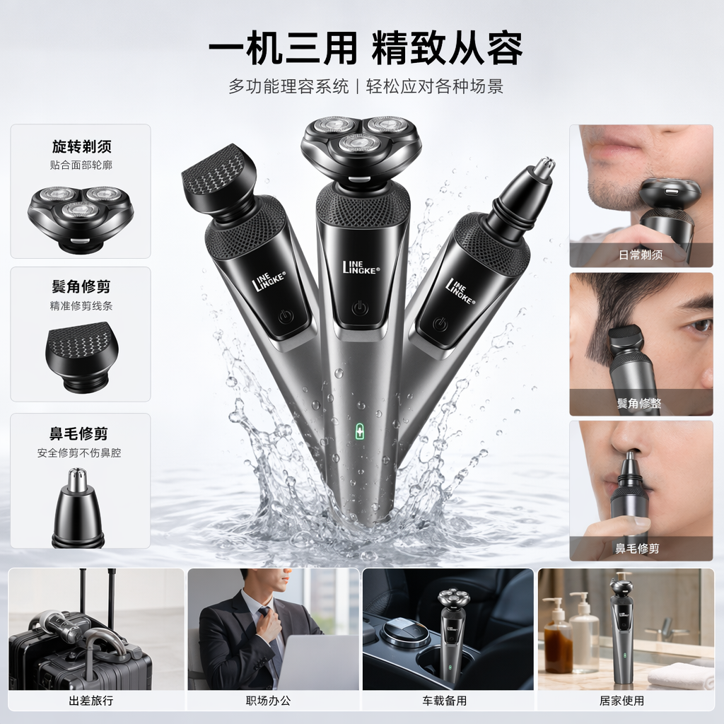 黑色三合一电动剃须刀 男士胡须修剪清洁多功能充电式