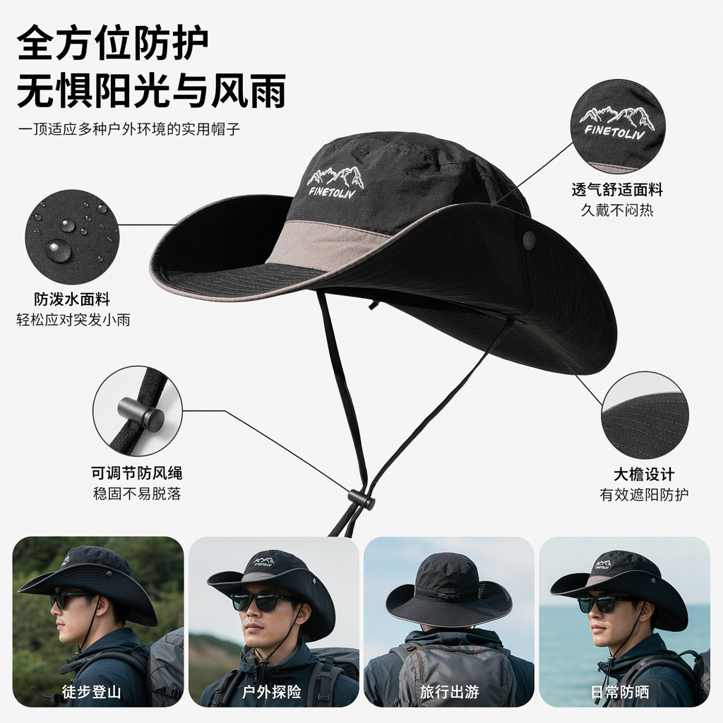 黑色宽檐遮阳帽 时尚防晒渔夫帽 夏日户外休闲百搭