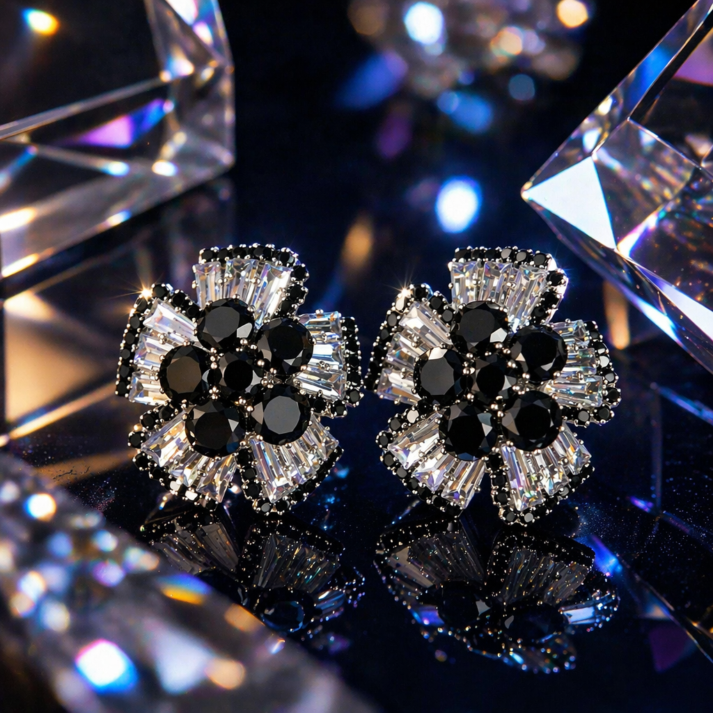 Black crystal flower earrings, fashionable and light luxury women's earrings, earrings, earrings, stud earrings, silver needle vintage accessories Specification image