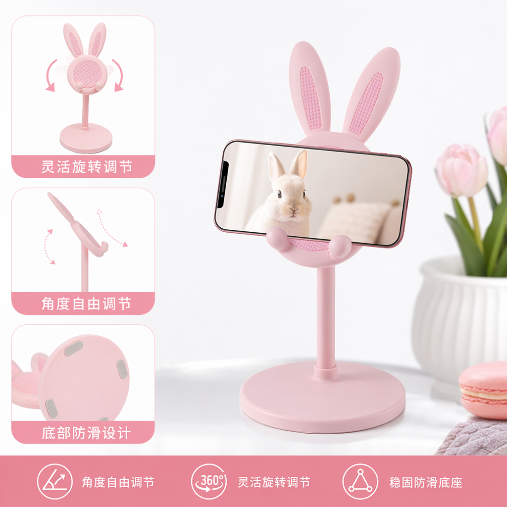 Pink rabbit-shaped phone stand with adjustable Angle, desktop silicone anti-slip stand