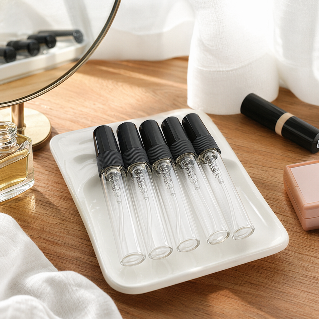 5ml transparent glass portioning bottle, black nozzle glass small bottle perfume bottle details Picture