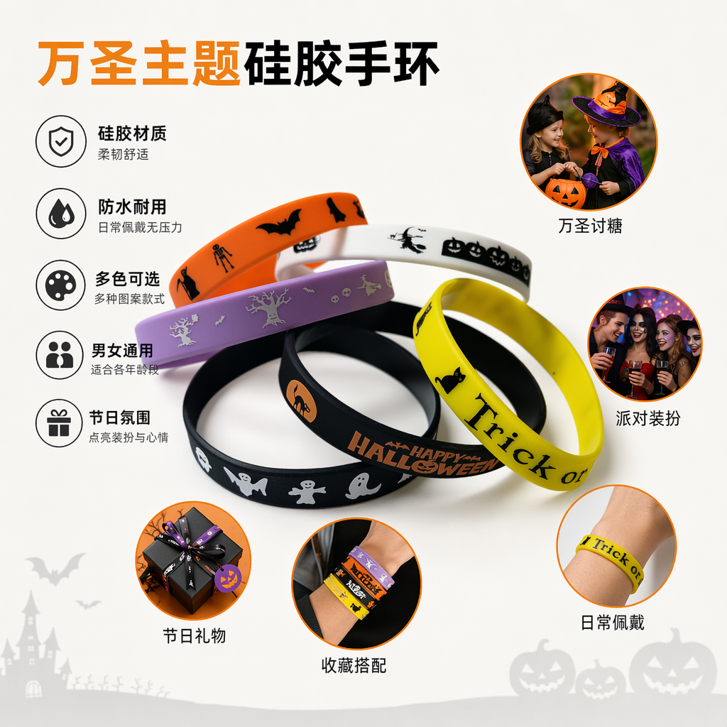 Colorful Halloween-themed silicone wristbands with adjustable luminous fun festival party accessories