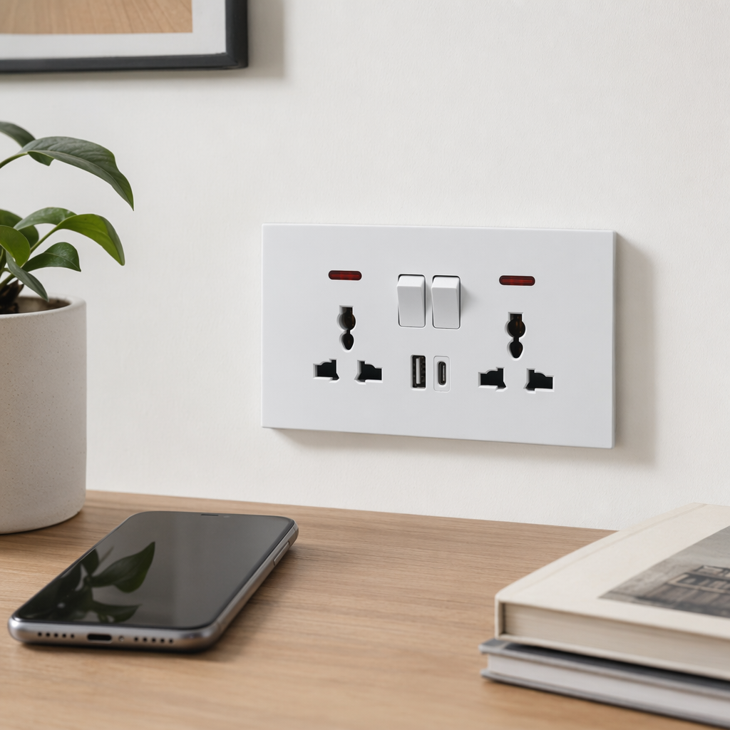 T2白色双联多功能USB+C墙壁插座 家用嵌入式安全防触电带 专供出口