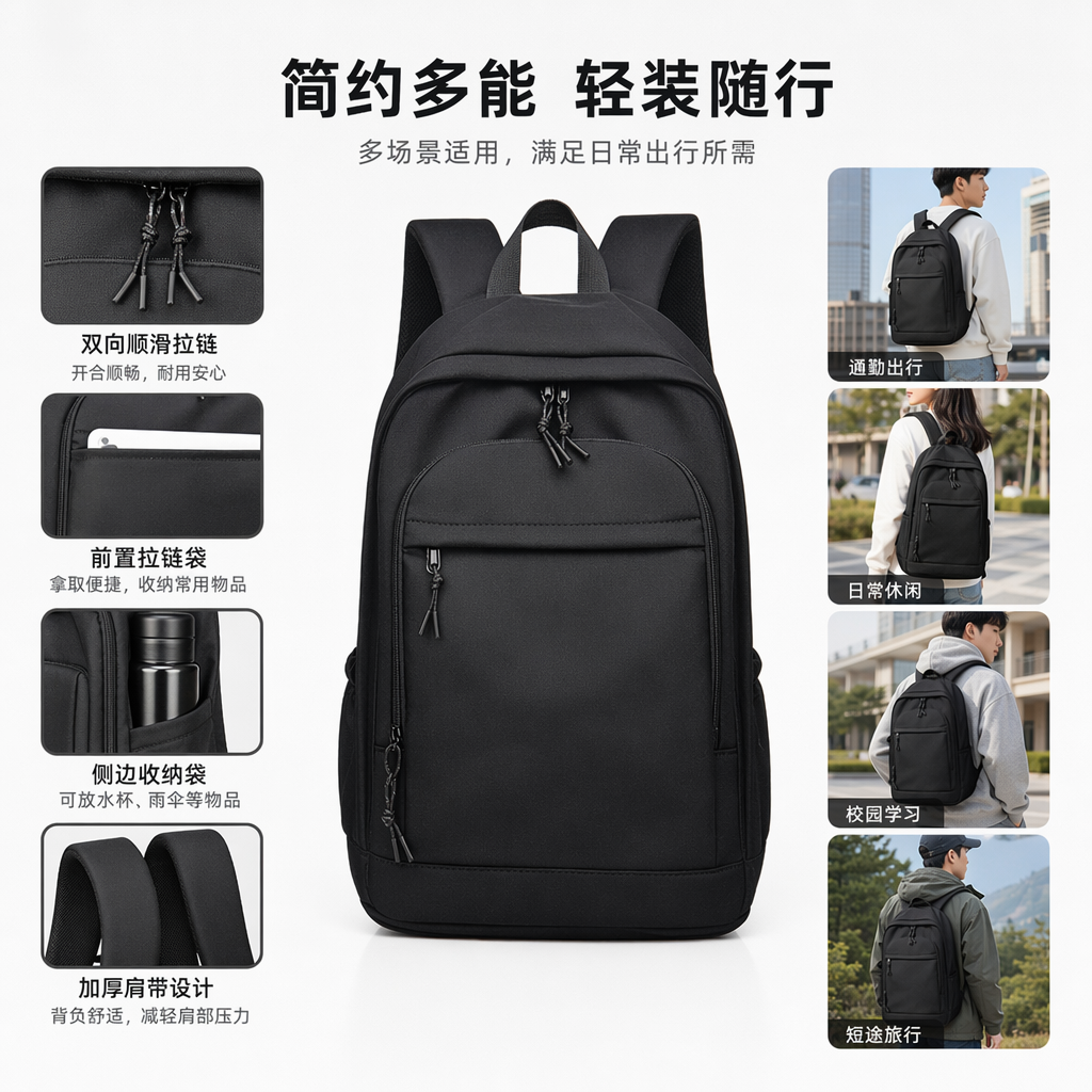 黑色尼龙耐磨通勤背包 30L大容量轻量设计