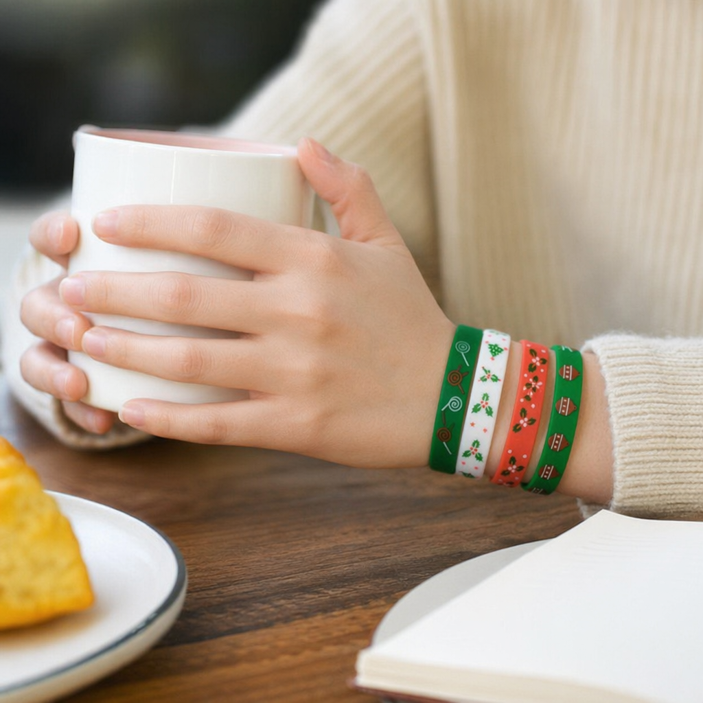 Colorful Christmas-themed silicone wristband, festive decoration, couple style, adjustable wrist accessory details Picture