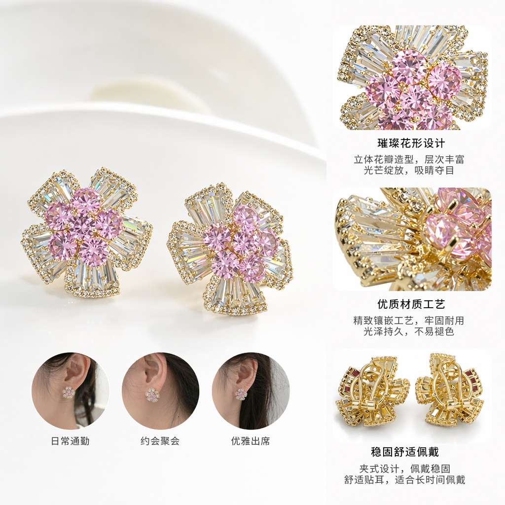 Golden flower-shaped stud earrings inlaid with pink transparent crystal earrings