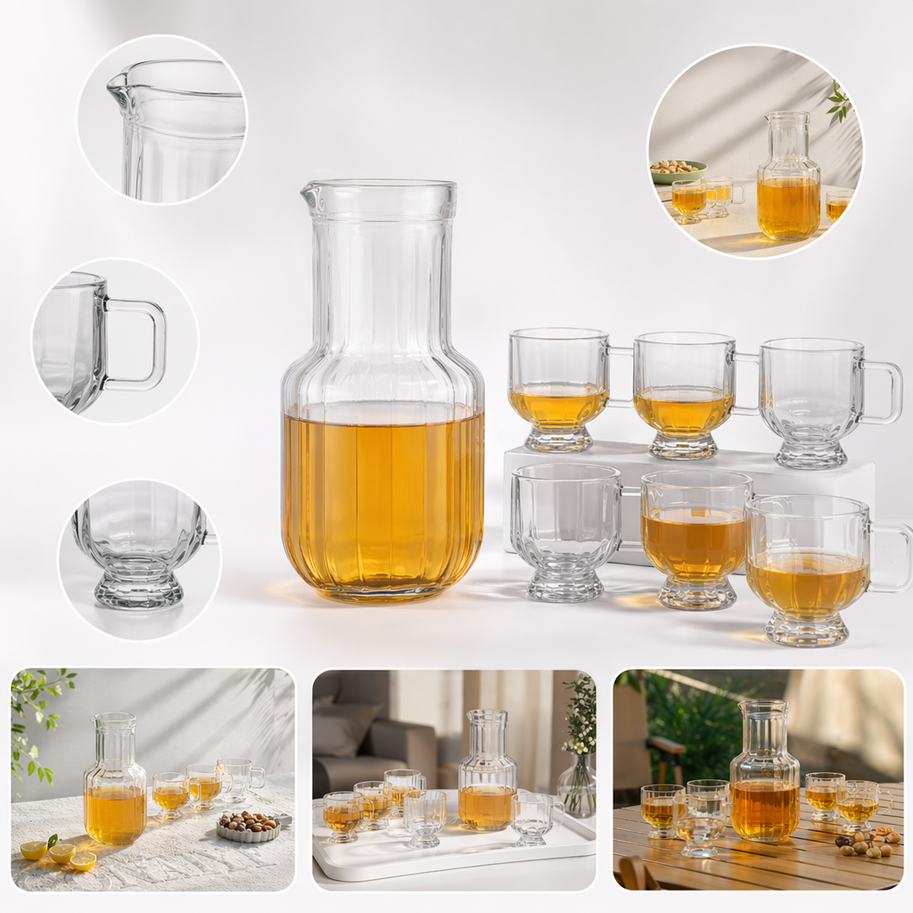 A household heat-resistant tea set with a transparent glass water bottle and six glass cups