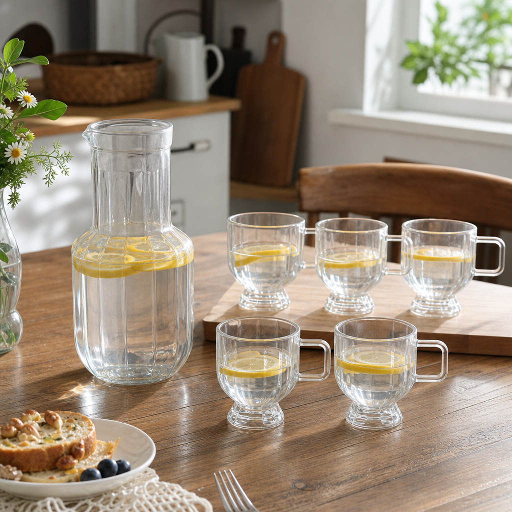 A household heat-resistant tea set with a transparent glass water bottle and six glass cups details Picture