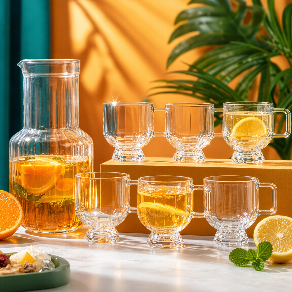 A household heat-resistant tea set with a transparent glass water bottle and six glass cups Specification image