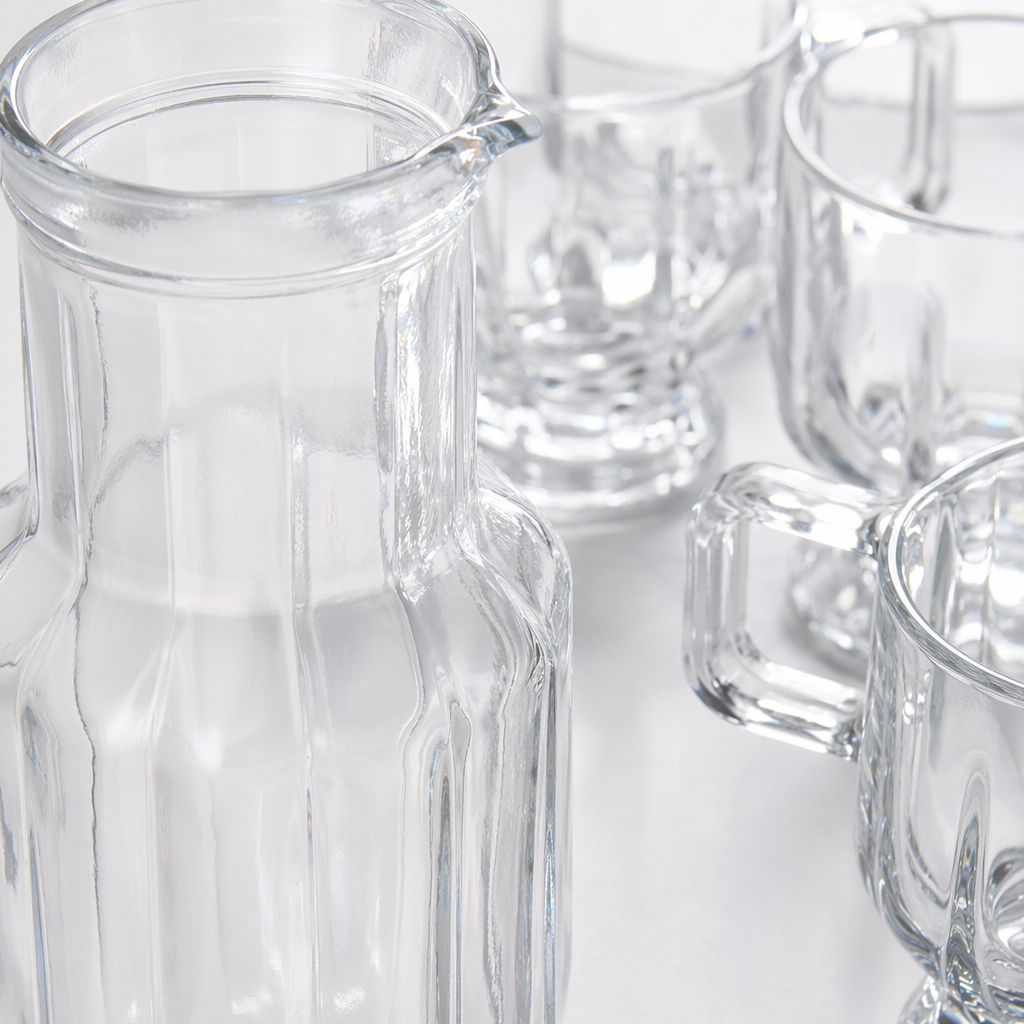 A household heat-resistant tea set with a transparent glass water bottle and six glass cups Application Scenario