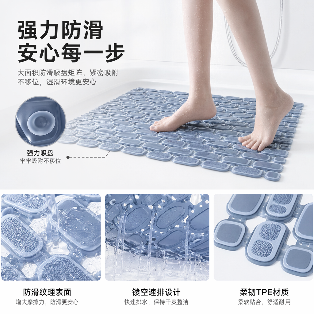 蓝色防滑地垫浴室厨房家用加厚耐磨易清洁