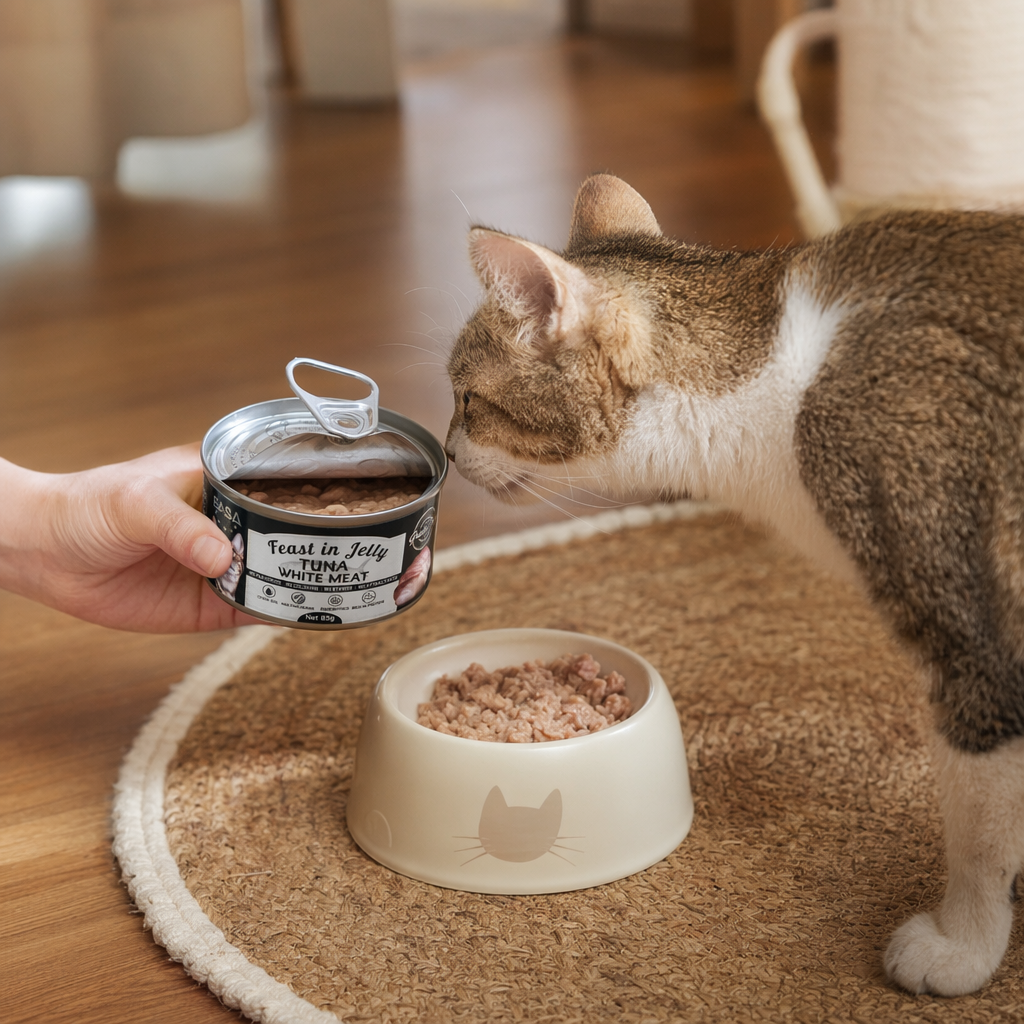 Silver Can Feast in Jelly TUNA WHITE MEAT Cat pattern White Meat Tuna jelly Can details Picture