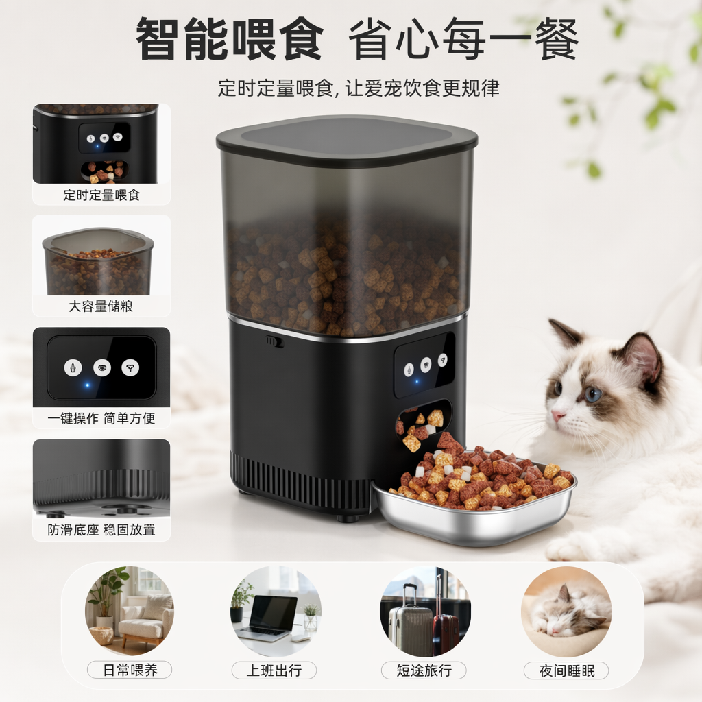 The black smart pet feeder features a transparent food storage bin with a metal food bowl and a three-button blue light design