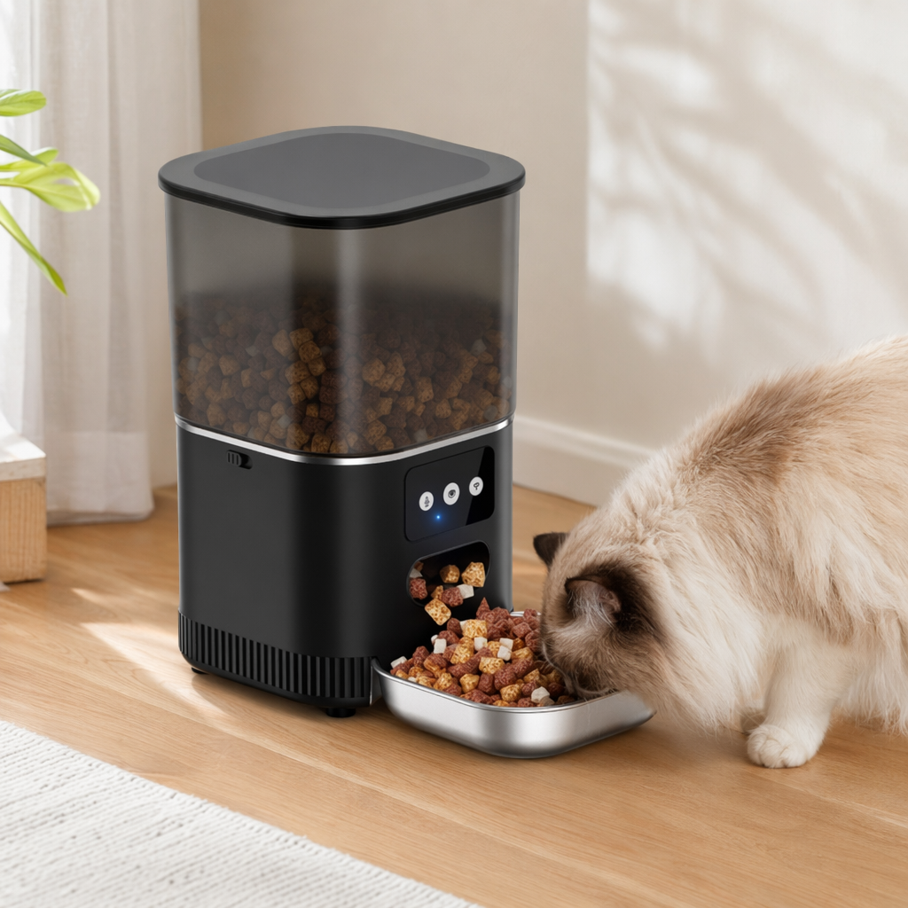 The black smart pet feeder features a transparent food storage bin with a metal food bowl and a three-button blue light design details Picture