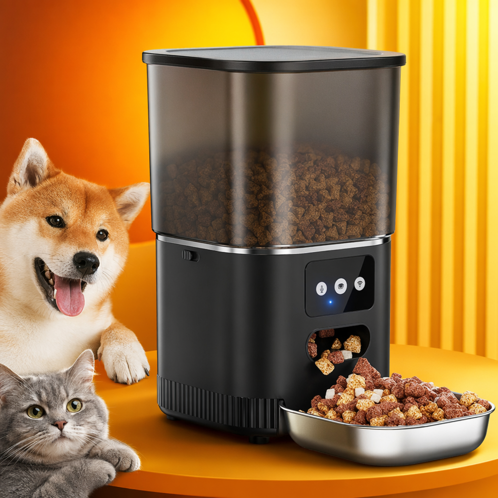 The black smart pet feeder features a transparent food storage bin with a metal food bowl and a three-button blue light design Specification image