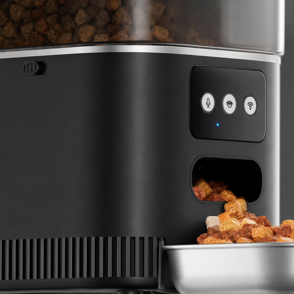 The black smart pet feeder features a transparent food storage bin with a metal food bowl and a three-button blue light design Application Scenario