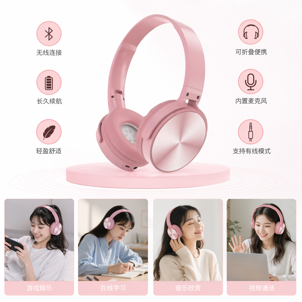 粉色无线蓝牙耳机 轻盈舒适降噪续航长 高清音质