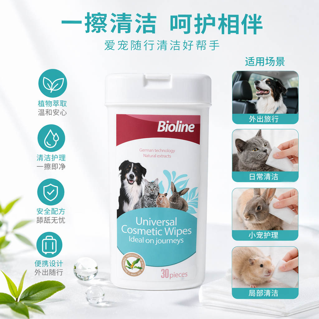 Bioline白色塑料瓶装宠物护理湿巾狗猫兔鼠图案Universal Cosmetic Wipes
