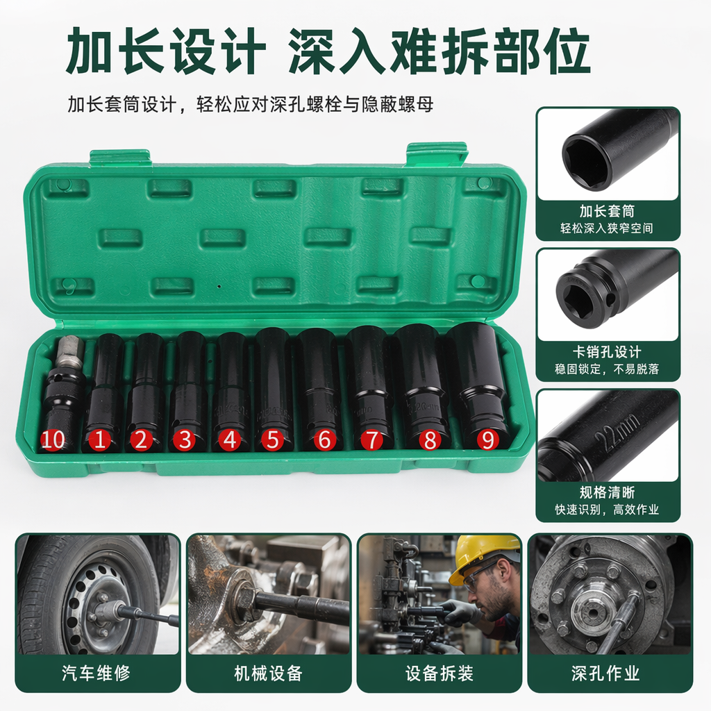 绿色工具盒装黑色套筒工具套装