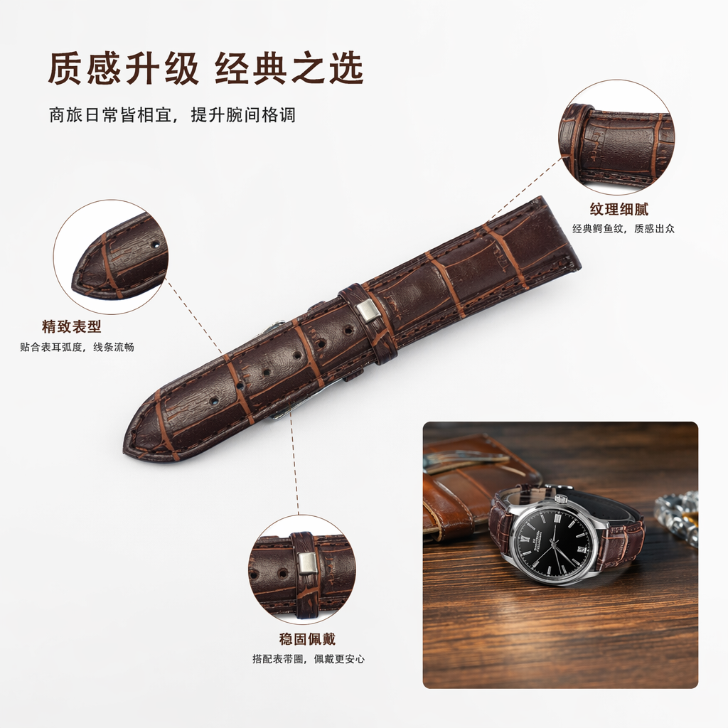 棕色鳄鱼纹真皮表带适配多种品牌手表通用款