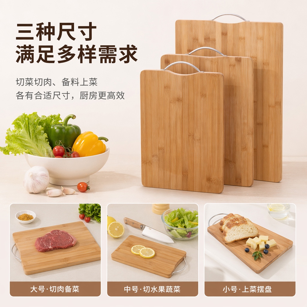 浅棕色竹制菜板金属提手天然抗菌厨房用品