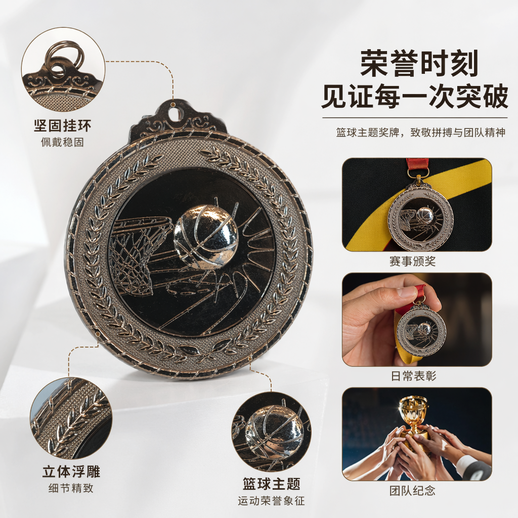 银色篮球比赛奖牌定制纪念奖章体育赛事奖品