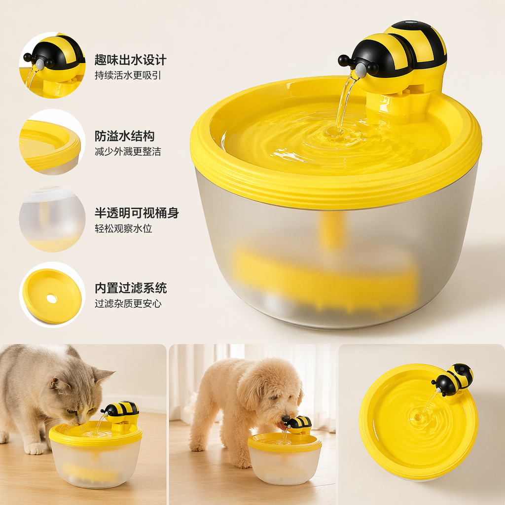 黄色蜜蜂造型宠物饮水机 静音循环过滤自动供水