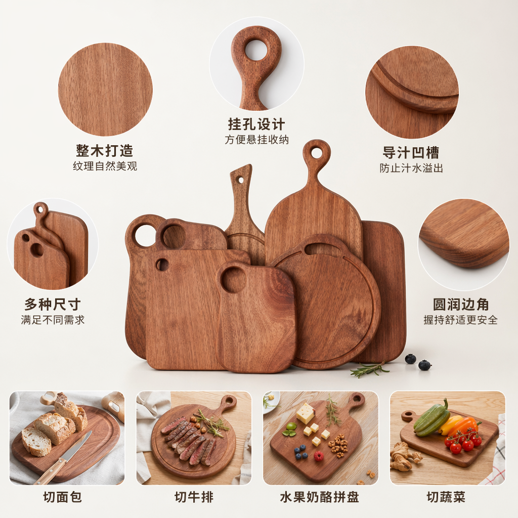 木质砧板组合套装 天然榉木厨房切菜板防滑加厚实用家用