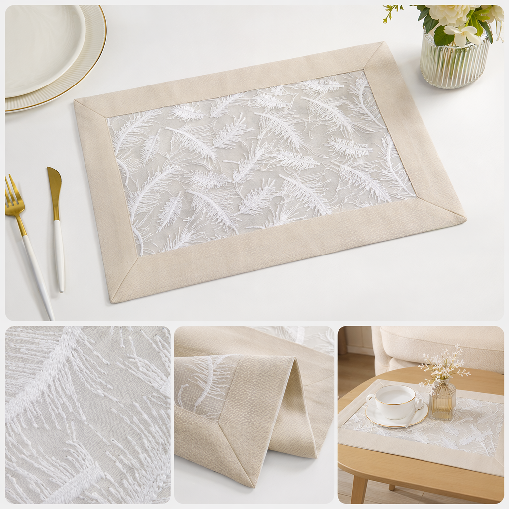 Beige frame and white feather embroidered tablecloth for home decoration