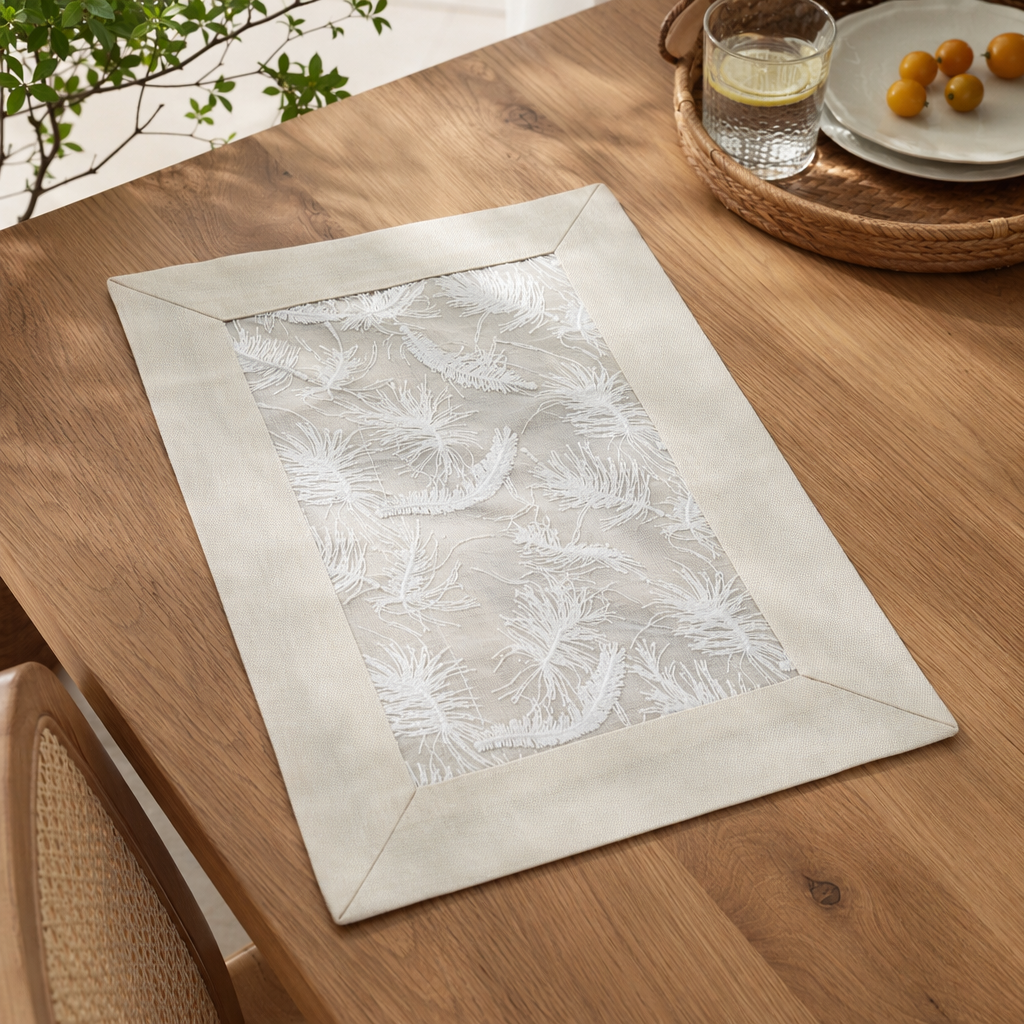 Beige frame and white feather embroidered tablecloth for home decoration details Picture