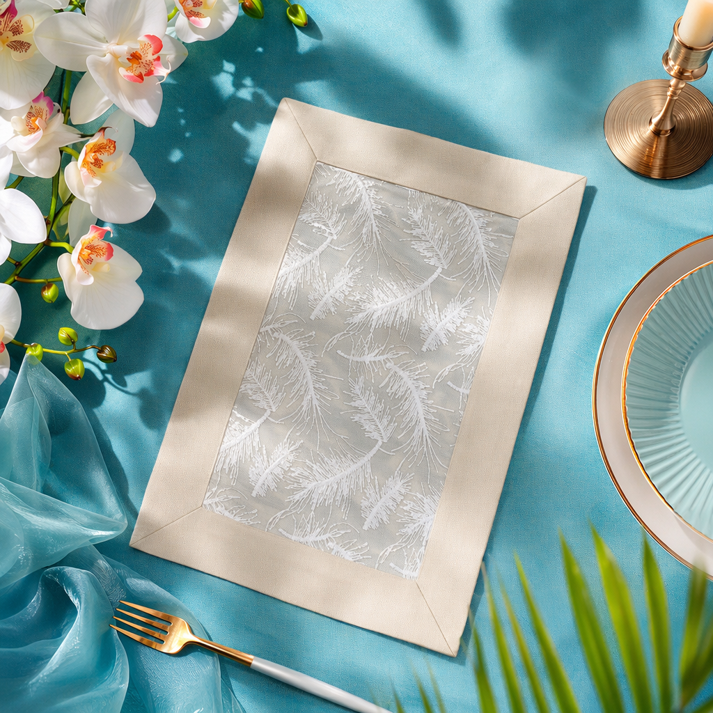 Beige frame and white feather embroidered tablecloth for home decoration Specification image