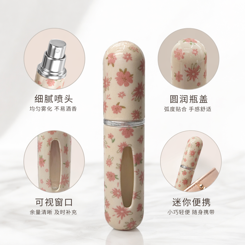 5ml beige floral pattern perfume bottle, fashionable and simple travel-sized perfume bottle, plastic bottle