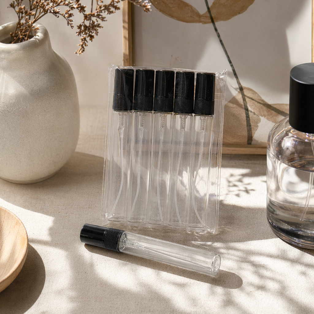 10ml transparent glass portioning bottle, black nozzle glass small bottle perfume bottle details Picture