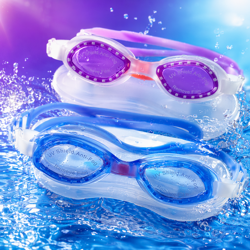 The purple and blue swimming goggles are unisex anti-fog silicone swimming goggles that fit comfortably Specification image