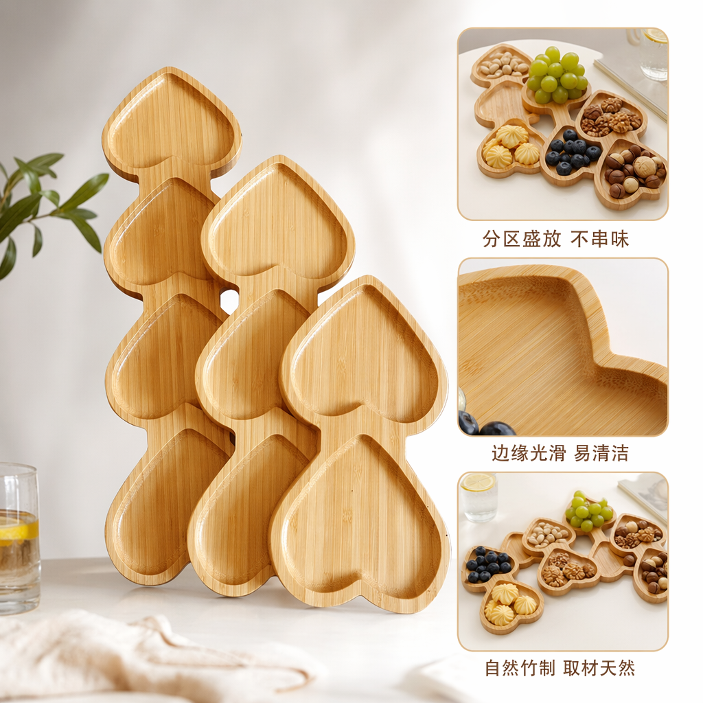 竹制爱心造型竹木果盘家用客厅水果盘简约北欧风图
