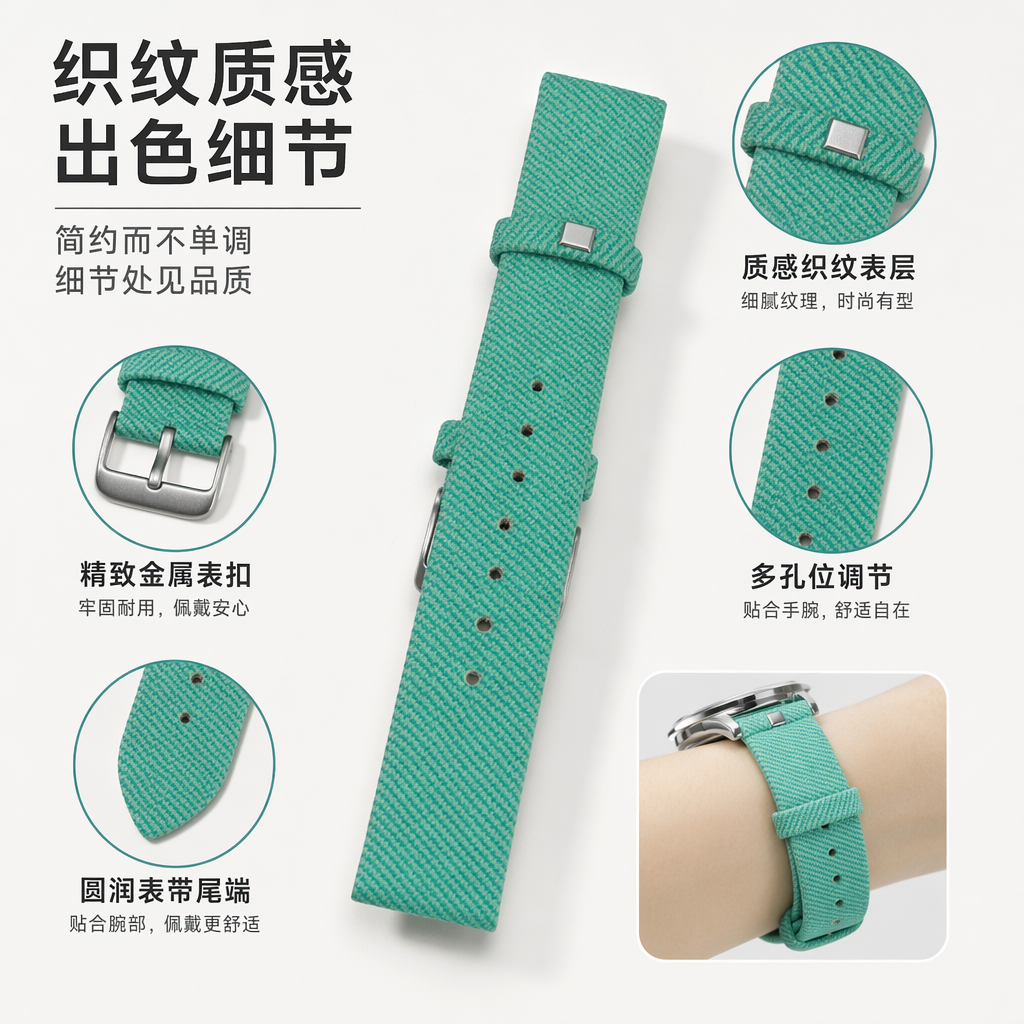 绿色织物表带 透气轻盈运动休闲手表配件