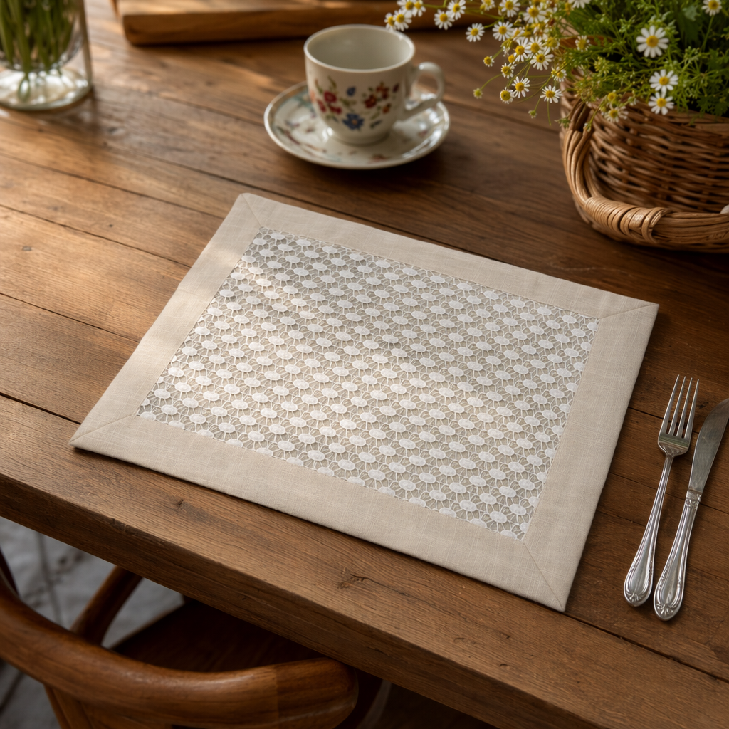 Beige border, white lace placemats, home tablecloth decoration details Picture
