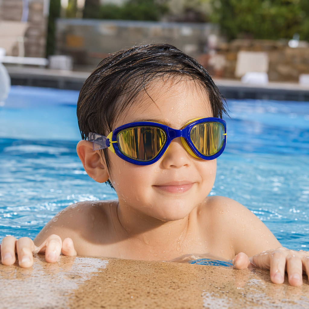 Blue and yellow swimming goggles with anti-fog and waterproof silicone for comfortable fit, suitable for both men and women details Picture